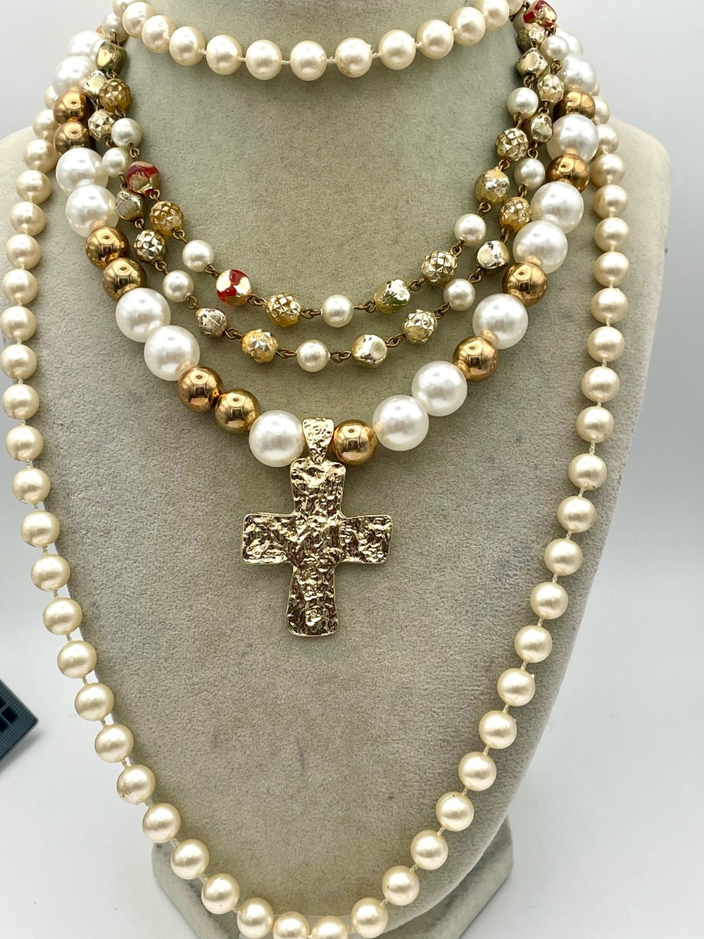 Gold and Faux Pearl Cross Statement Necklaces. Set of 3. 15, 28, and 34 inches